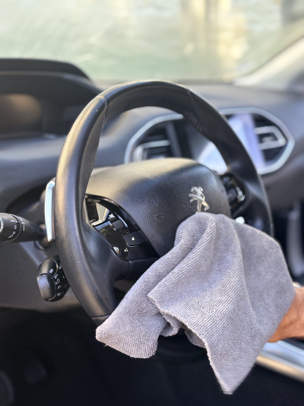 Volant et intérieur d'une voiture professionnelle nettoyés