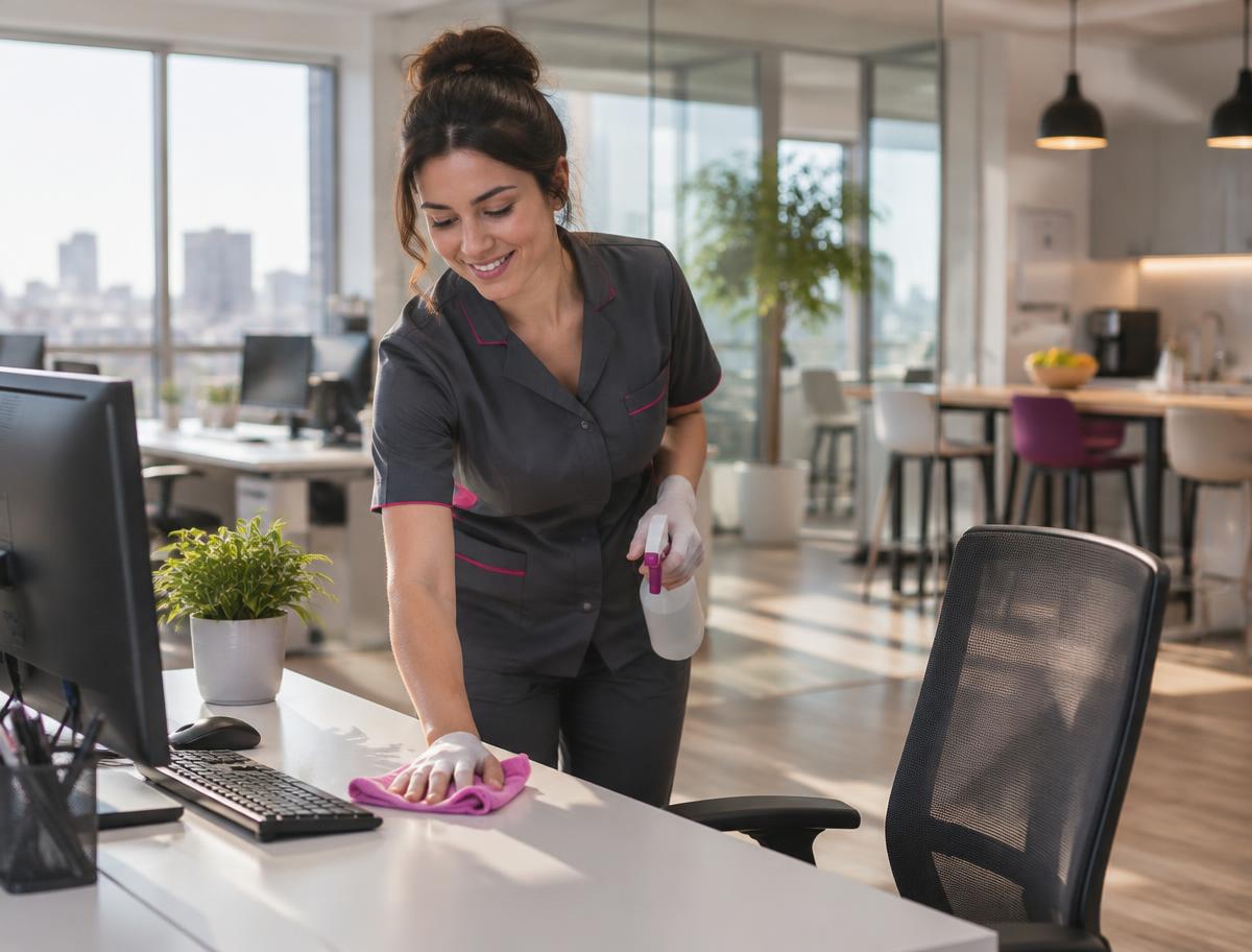 Une professionnelle Abn Facility nettoie avec soin un espace de travail