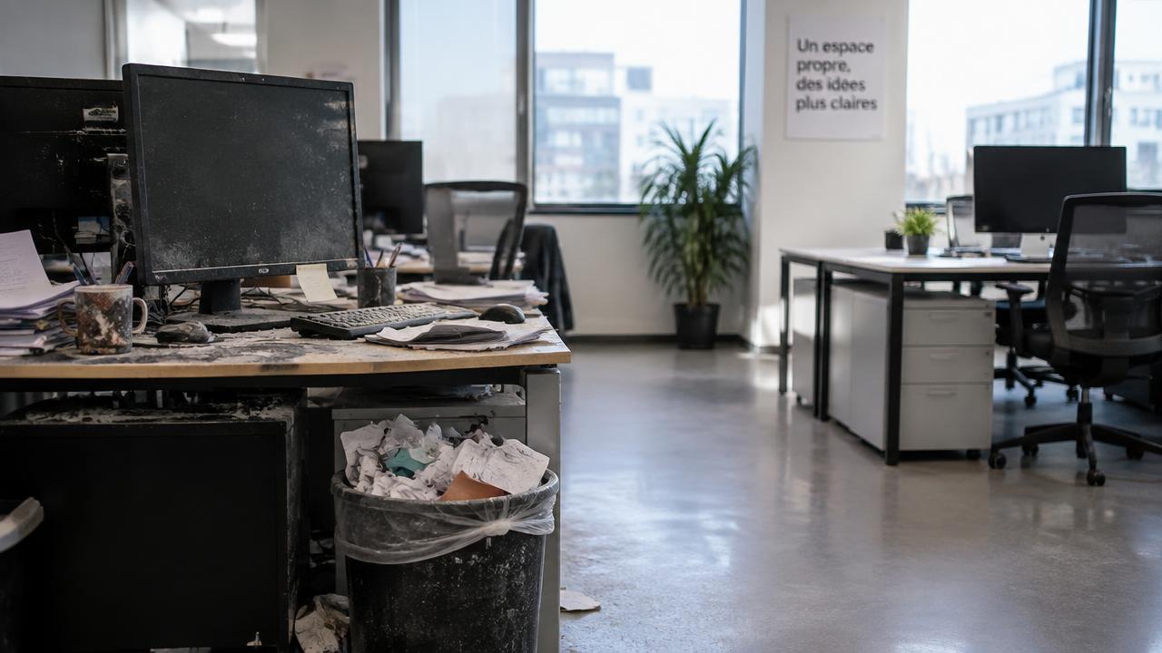 Bureau mal entretenu avec corbeille pleine et poussière
