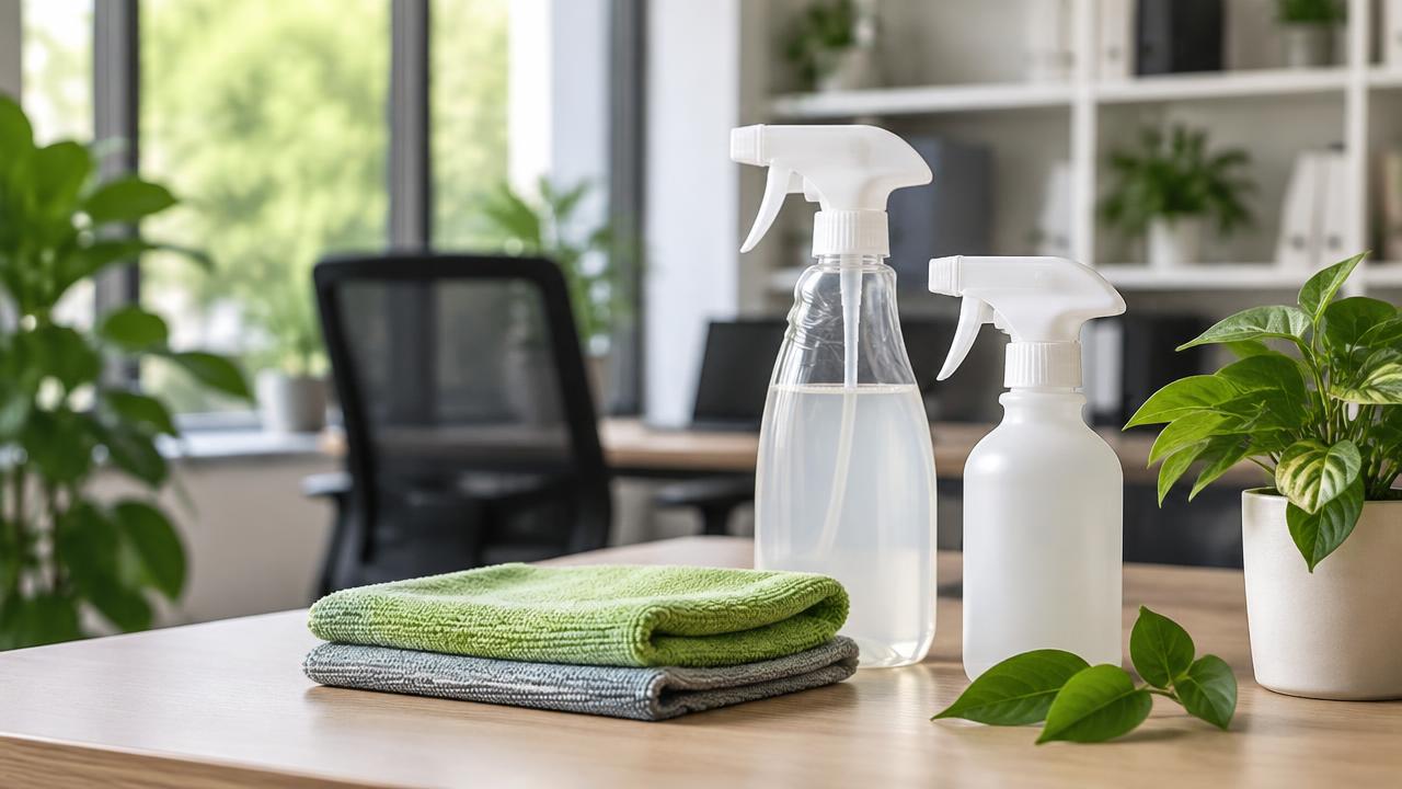 Produits d'entretien écologiques et microfibres sur un bureau