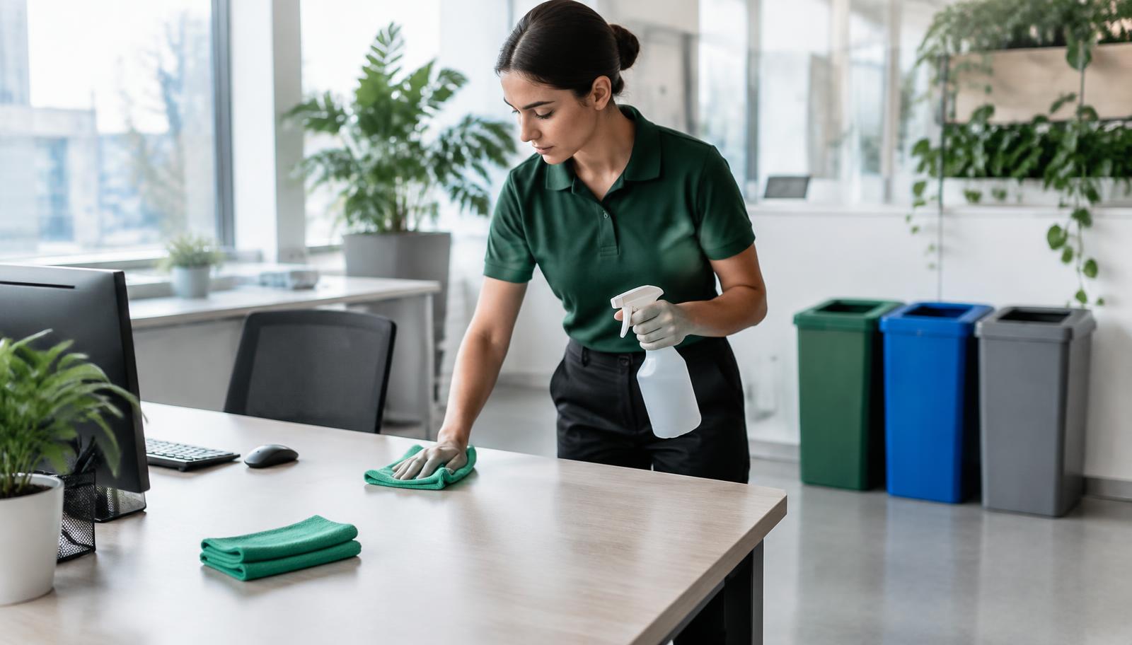 Agent de propreté nettoyant un bureau avec des produits et des microfibres réutilisables