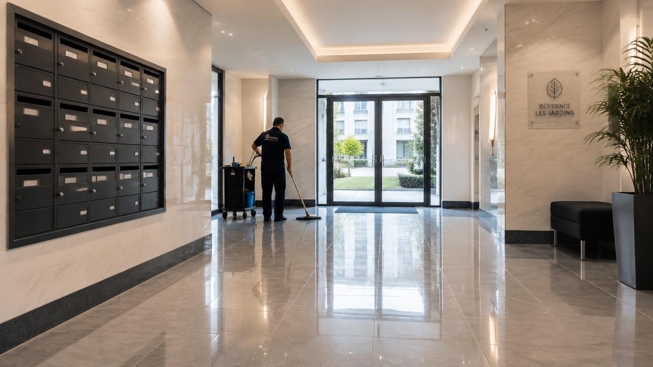 Hall d'immeuble impeccable entretenu par un agent de propreté