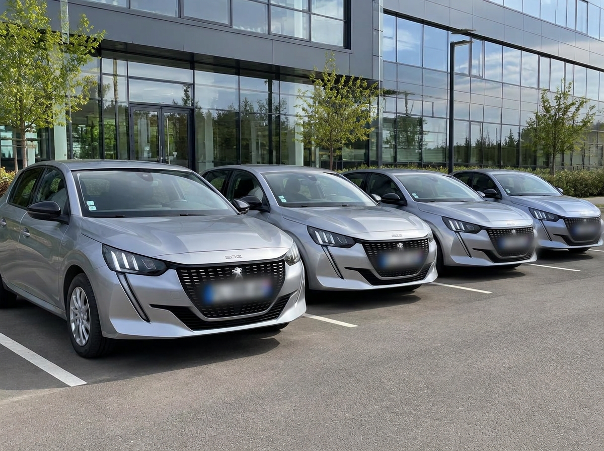 Flotte de Peugeot 208 identiques garées devant les locaux d'une entreprise